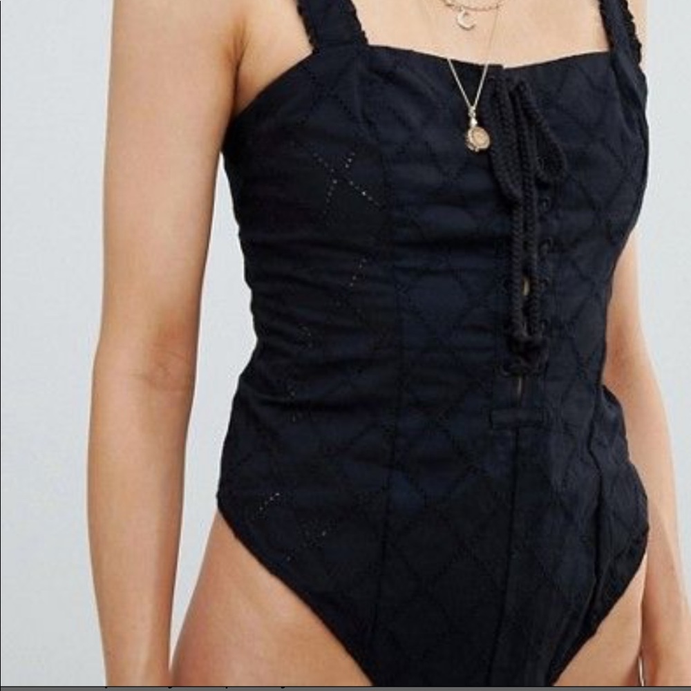 Free People Black Lace-Up Bodysuit